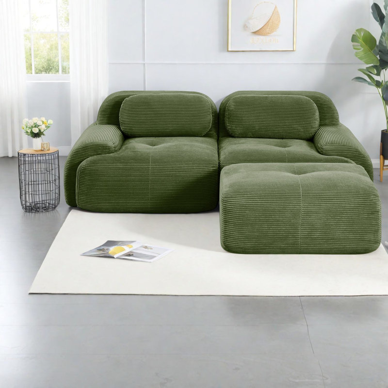 George Oliver Modular Olive Green Corduroy Sofas, Ergonomic Design